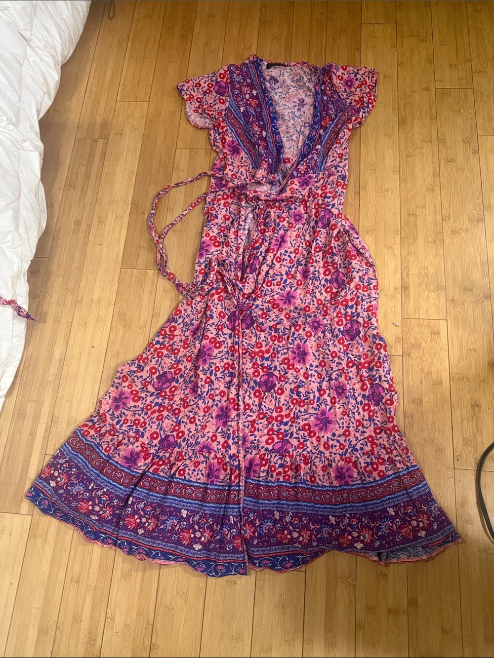 Floral Pink & Purple Wrap Maxi Dress with Tie Waist